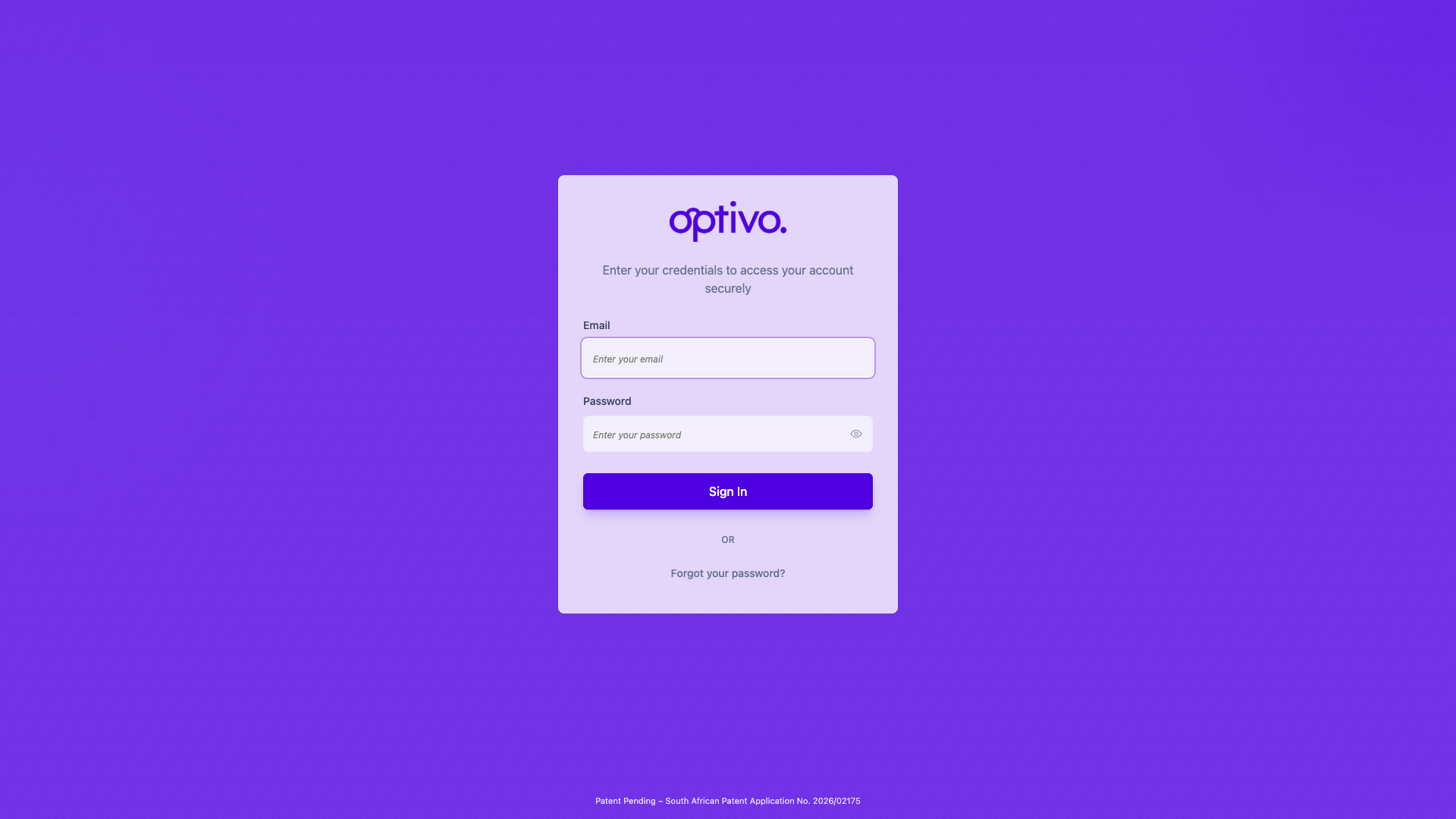 Optivo login screen