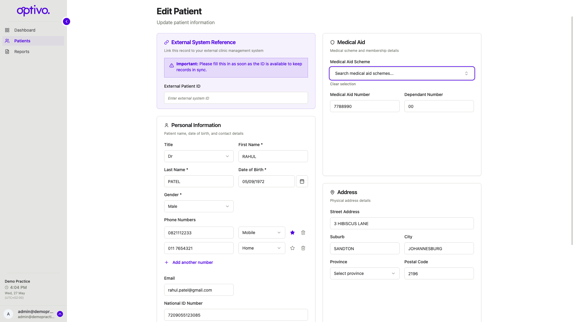 Optivo edit patient details