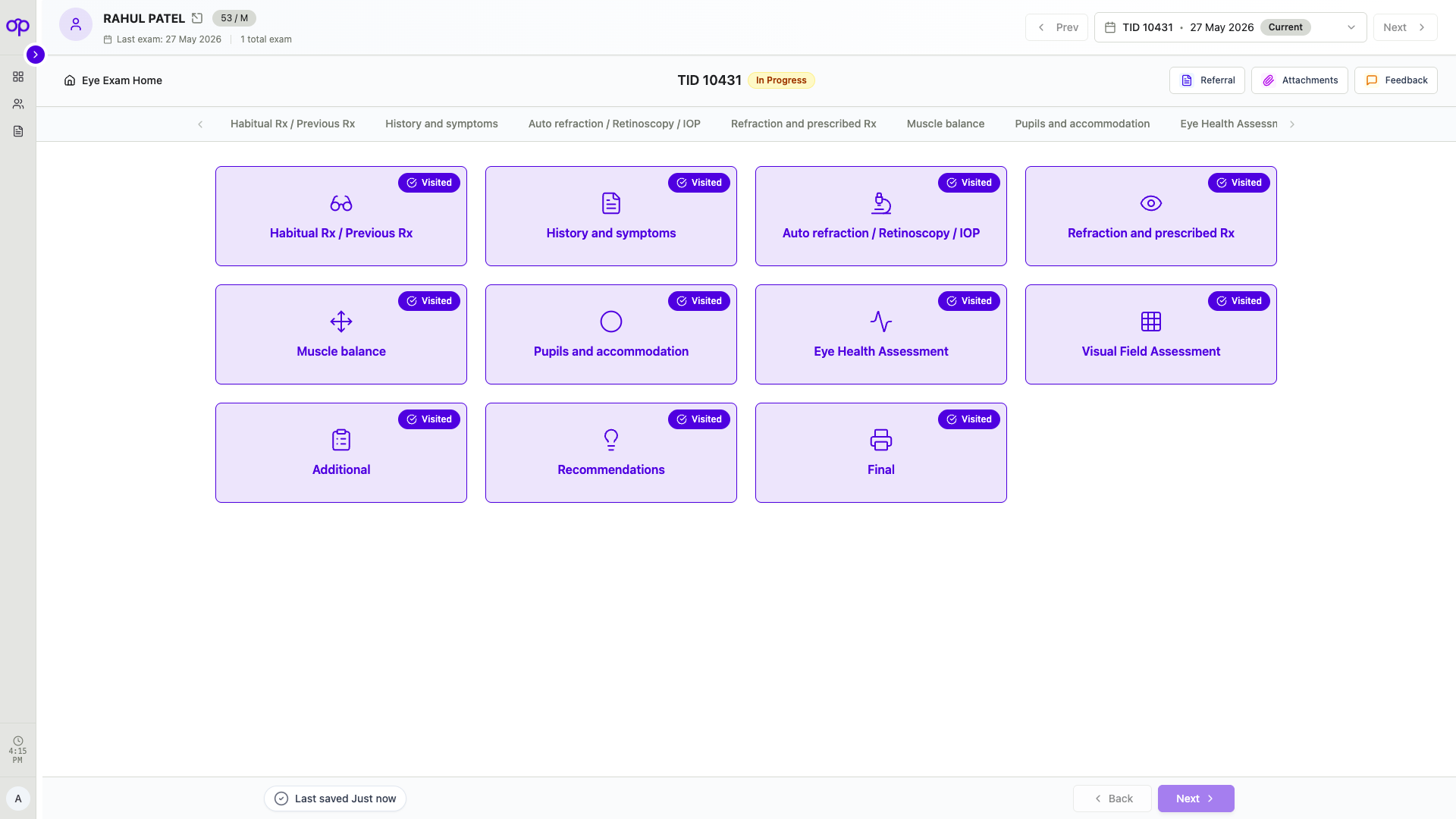 Optivo eye exam progress tracking